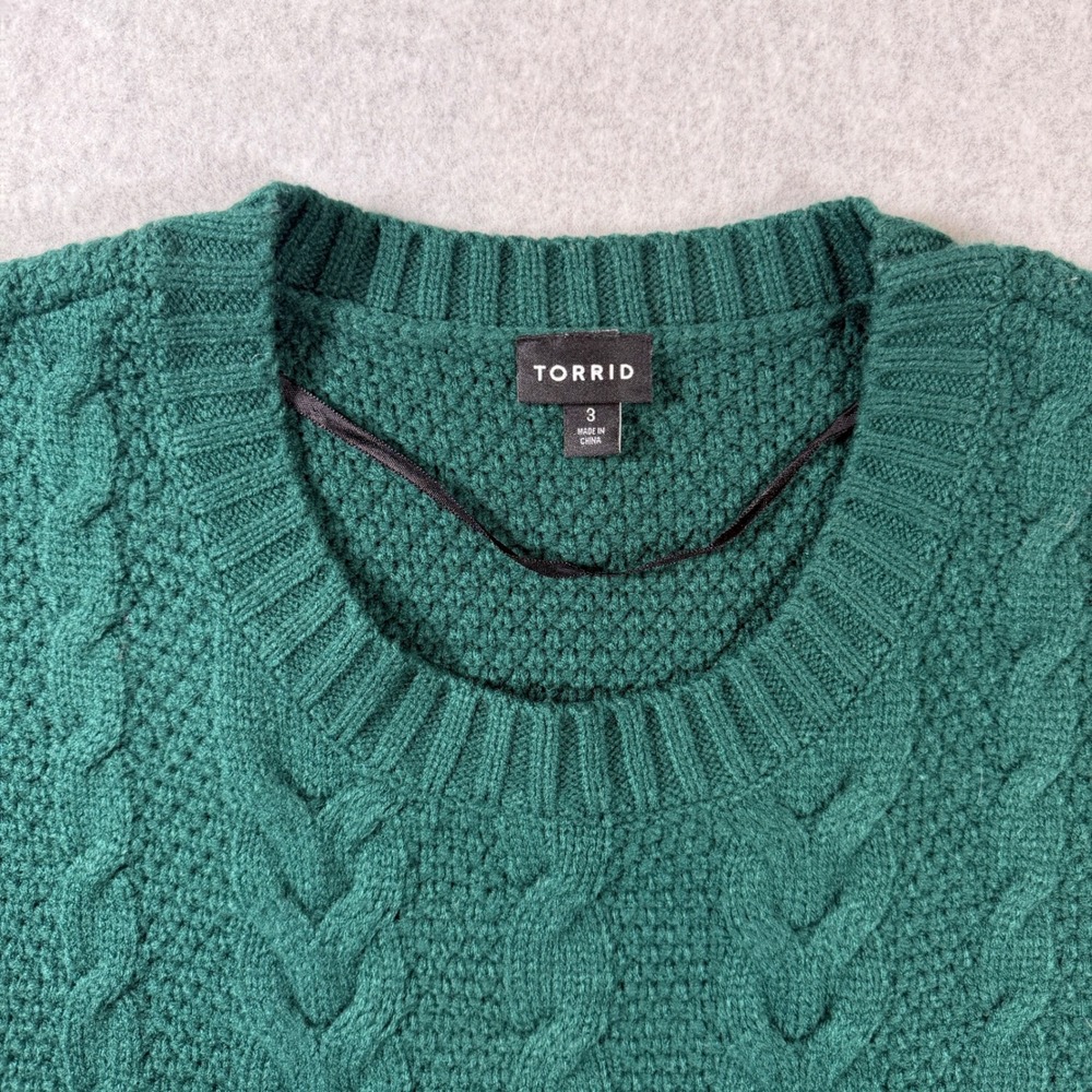 Torrid Sweater Womens 3 Green Cable Knit Pullover Crew Neck Textured Relaxed Fit - Picture 9 of 11